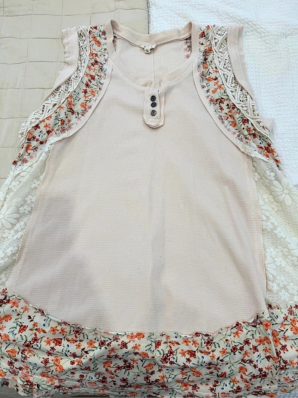 POL Floral Lace Trim Tank Top Pink & White Large
